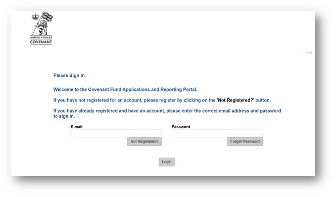 A screen shot of the applications and reporting portal. Users enter their email address and password