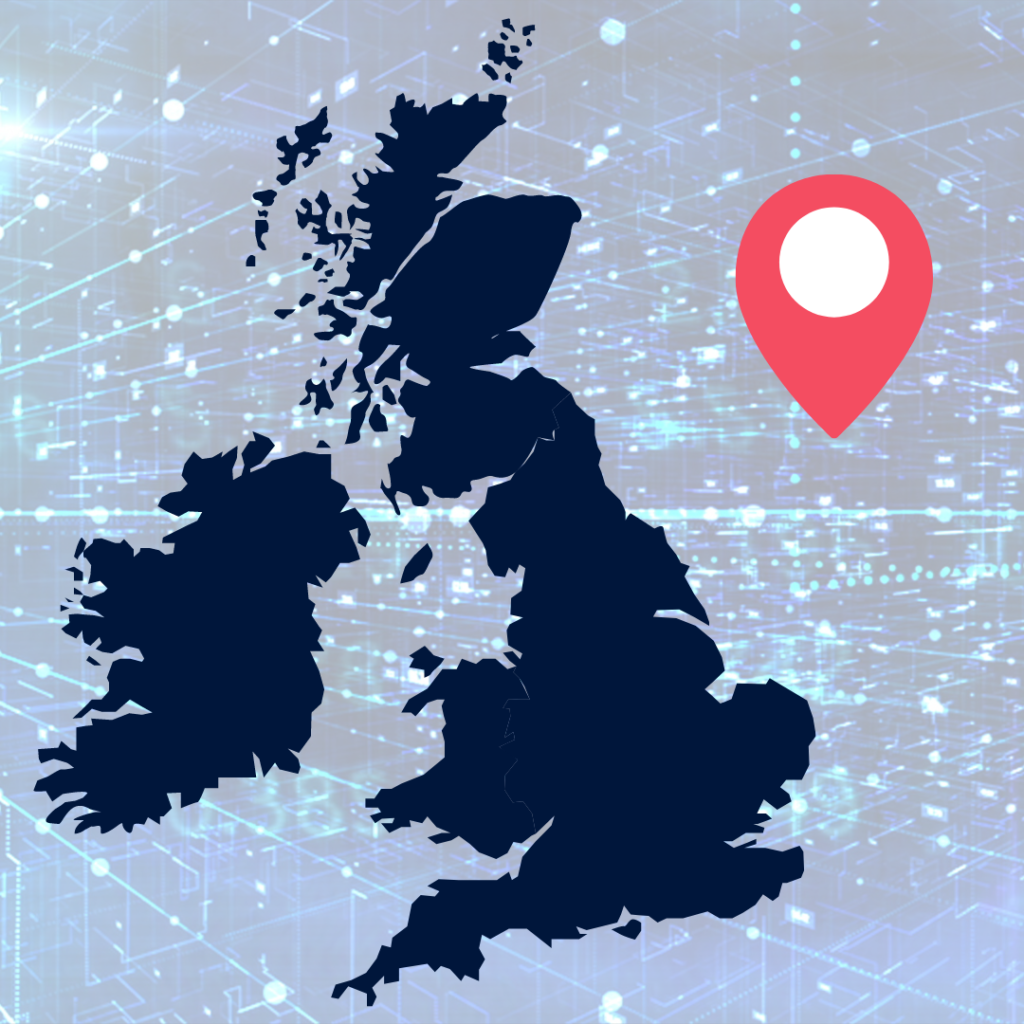 A map of the UK with a data background, and a map pin