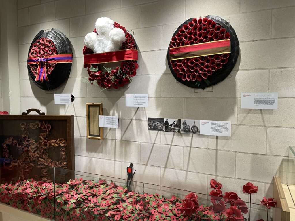 Poppy wreaths on display at the Poppy Factory